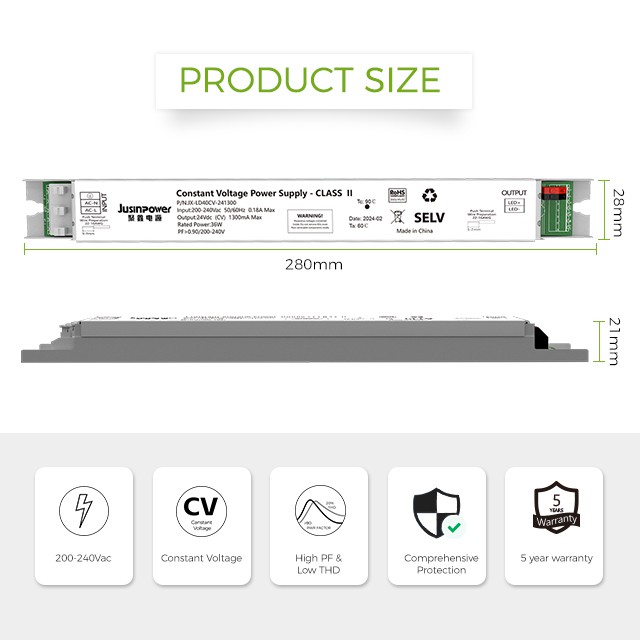 Linear 24V 36W 1300mA CV LED Driver For Strip Light